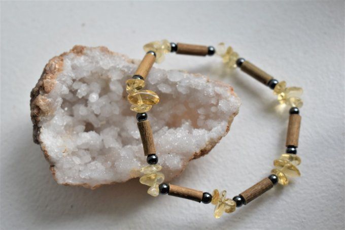 Bracelet bois de noisetier, citrine et hématite