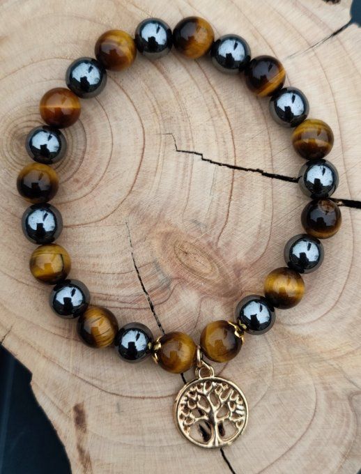 Bracelet Œil de tigre et hématite, Arbre de vie