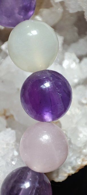 Améthyste, quartz rose et pierre de lune blanche 