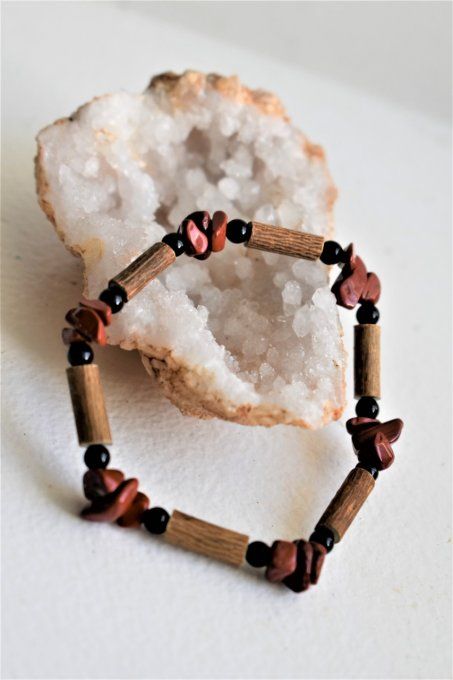 Bracelet bois de noisetier, Jaspe rouge et Tourmaline