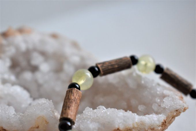 Bracelet bois de noisetier, Prehnite et tourmaline