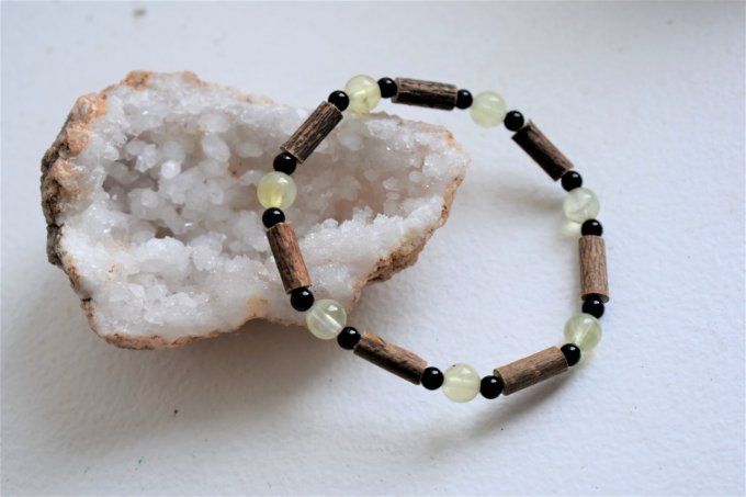 Bracelet bois de noisetier, Prehnite et tourmaline